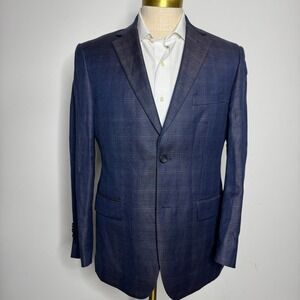Pronto Uomo Platinum Men's Blue Plaid Linen Blend Blazer‎ Size 40R